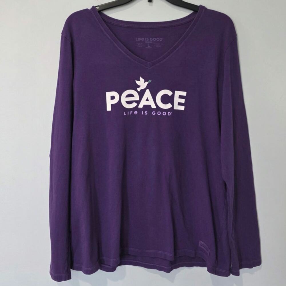 Life is Good Long Sleeve Tshirt PEACE Large Purple Women's